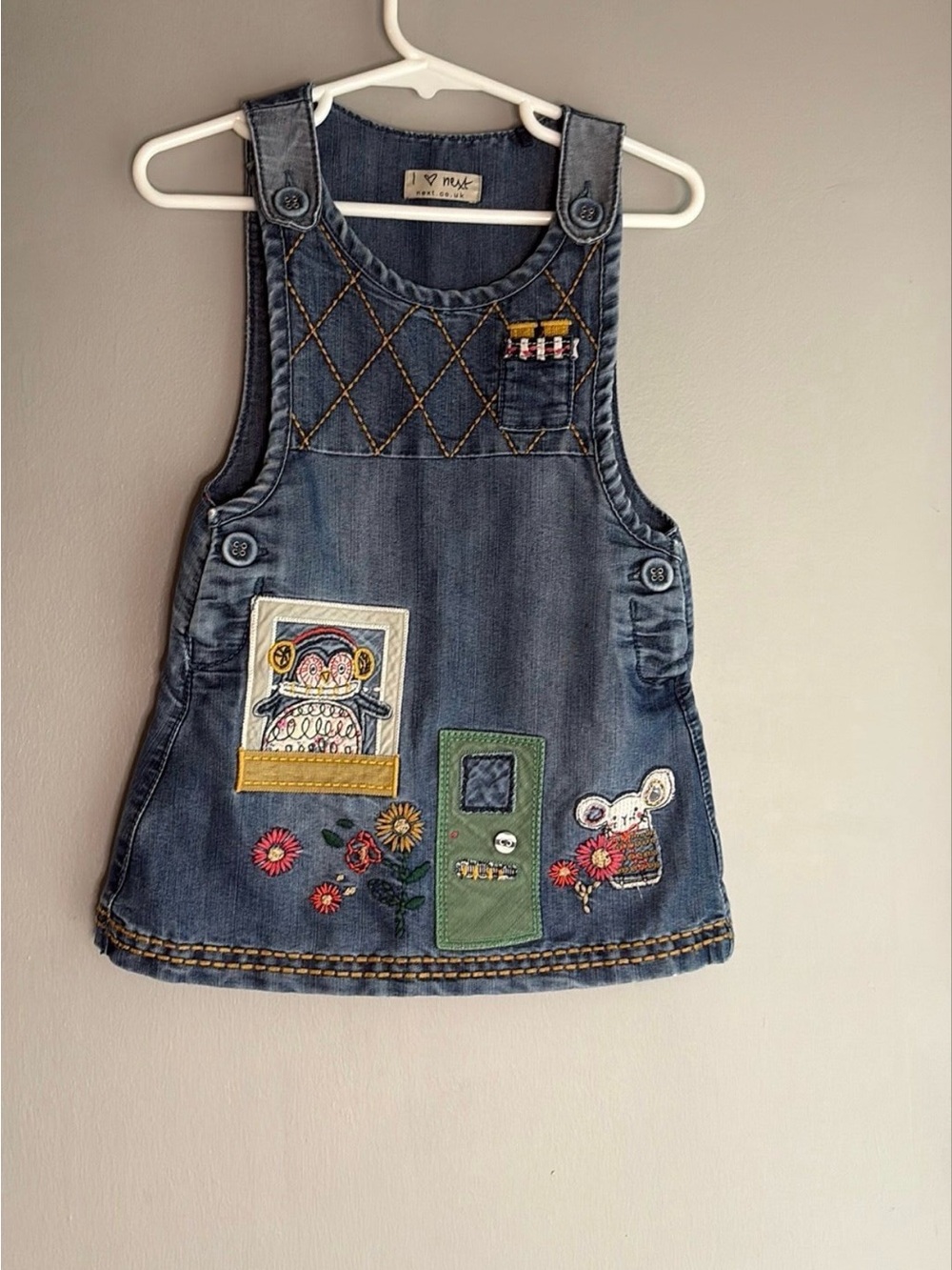 next Denim Pinafore Dress with Multicolor Embroidered Appliqués